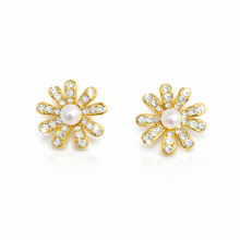Load image into Gallery viewer, Golden Glow Flower Stud Earrings – Pearl Center with Shimmering Petals