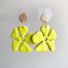 Load image into Gallery viewer, Citron yellow hibiscus flower polymer clay dangle earrings