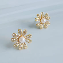 Load image into Gallery viewer, Golden Glow Flower Stud Earrings – Pearl Center with Shimmering Petals
