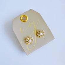 Load image into Gallery viewer, Golden Glow Flower Stud Earrings – Pearl Center with Shimmering Petals
