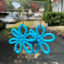 Load image into Gallery viewer, Turquoise blue colored flower daisy polymer clay dangle earrings
