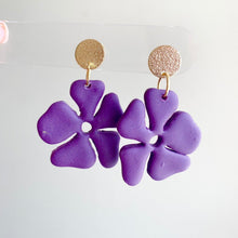 Load image into Gallery viewer, Eggplant purple hibiscus flower polymer clay dangle earrings
